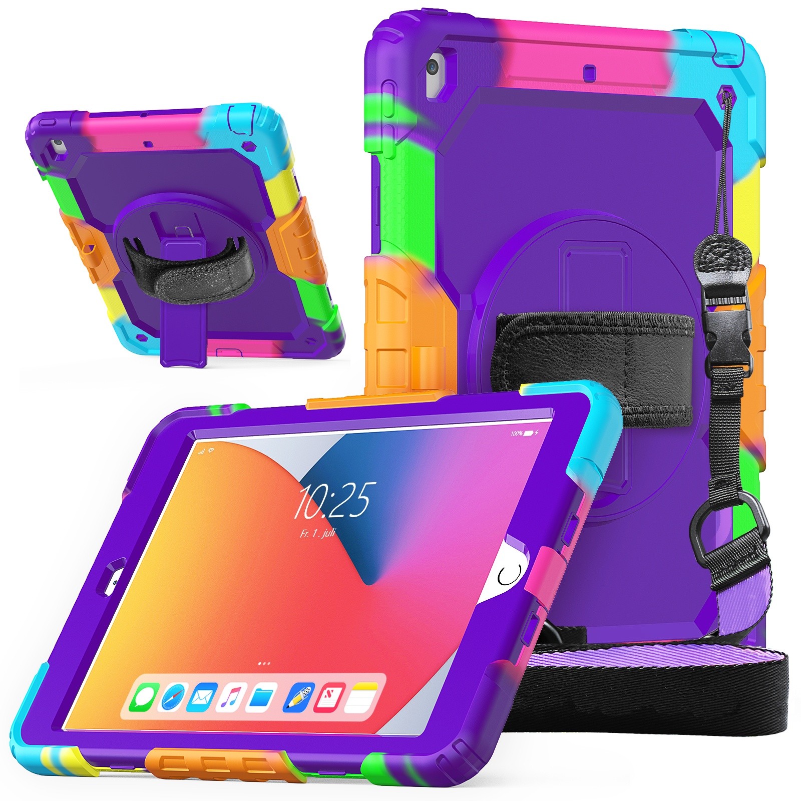 Schijn Schijn Scenario iPad 10.2 (2019 & 2020 & 2021) case / hoes met screenprotector, handriem en  schouderriem voor kinderen en scholen Paars Kleurrijk